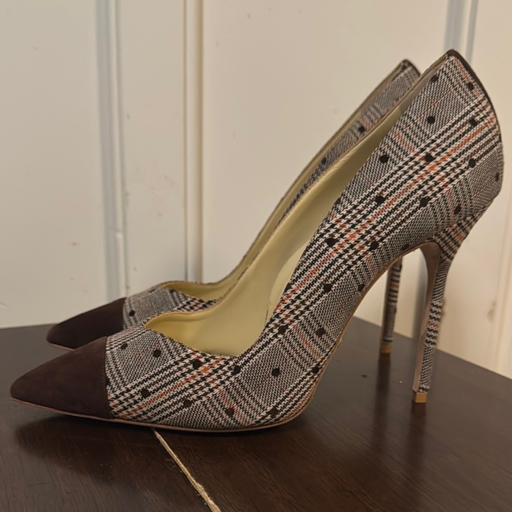 Sarah Flint Brown and Gray Heels with Plaid Pattern